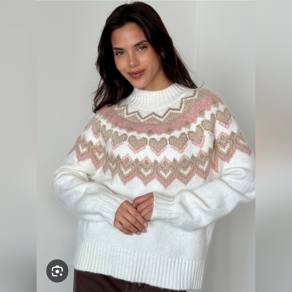 LOFT Heart Pattern Sweater - White, Pink, Brown